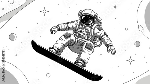Astronaut snowboarding in space: monochrome adventure with planets and stars