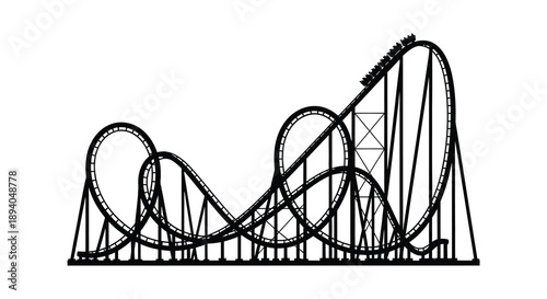 A detailed black and white illustration depicts a thrilling roller coaster structure against a plain background showcasing a dramatic silhouette