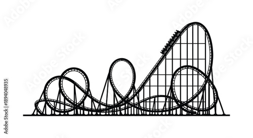 A detailed black outline depicts a thrilling roller coaster with looping tracks and steep drops presented as a silhouette