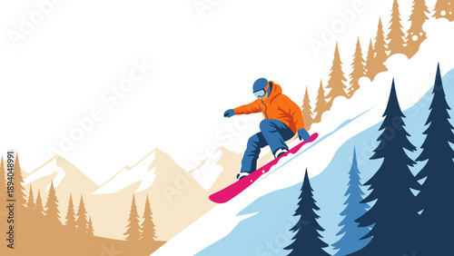 Snowboarder descending mountain slope surrounded by pine trees in winter landscape