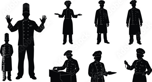Chef silhouettes collection, professional cooks in uniform poses, restaurant kitchen staff concept, black vector illustration set for food branding