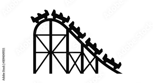 A stark black outline depicts a thrilling rollercoaster structure with ascending and descending tracks presented as a silhouette high quality