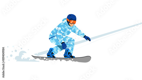 Winter adventure: snowboarder in blue camo outfit on fresh powder
