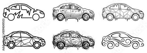 Six black and white car icons drawn in different creative styles including hand-drawn sketch, low poly, stippling, and ornate swirls, some covered in ice and snow