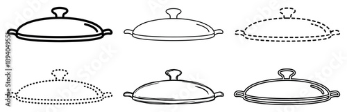 Six black line art food cloche icons in various styles including solid, dashed, dotted, and hand-drawn for restaurant, catering, and fine dining service themes