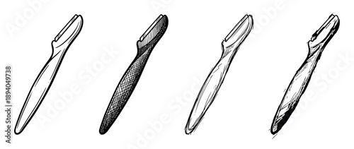 Set of four hand-drawn eyebrow razors in different sketch styles, showcasing a beauty tool for dermaplaning and facial hair removal with detailed line art and cross-hatching