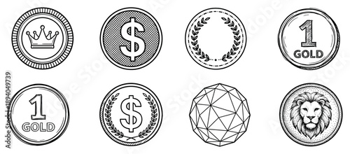 Collection of hand-drawn coin icons in a black and white sketch style, featuring various symbols of wealth and value like a dollar sign, crown, lion, and laurel wreath