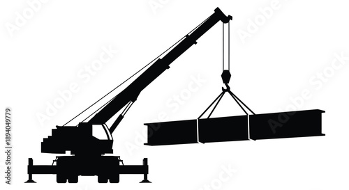 A stark depiction of a large mobile crane lifting heavy steel beams presented as a dramatic silhouette high quality professional