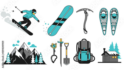 Winter sports adventure: snowboarding, hiking, and camping essentials in vibrant style