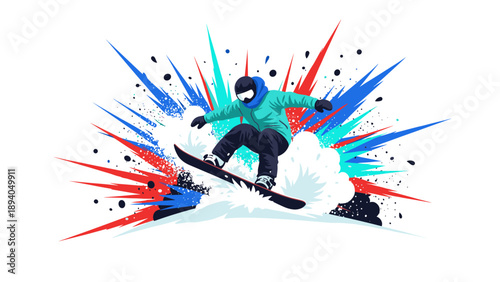 Dynamic snowboarding action with vibrant color burst in modern flat art