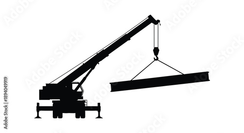 A stark black silhouette depicts a large industrial crane lifting a heavy concrete beam against a white background silhouette