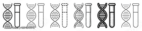 Set of DNA and test tube icons in black, presented in various styles like line art, dotted, dashed, and hand-drawn sketch for science and genetic research concepts