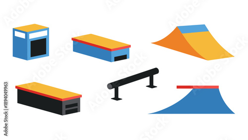 Isometric skate park elements: ramps, rails, and platforms in bold colors