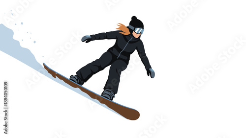 Snowboarder gliding downhill in stylish winter gear on a snowy slope