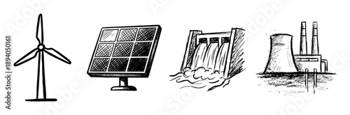 Set of hand-drawn energy source icons showing a wind turbine, solar panel, hydroelectric dam, and power plant in a sketchy black and white doodle style illustration