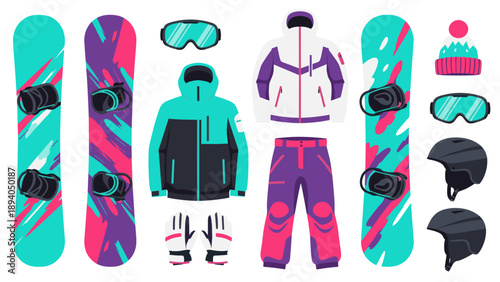 Trendy winter snowboarding gear flat design with colorful apparel and equipment