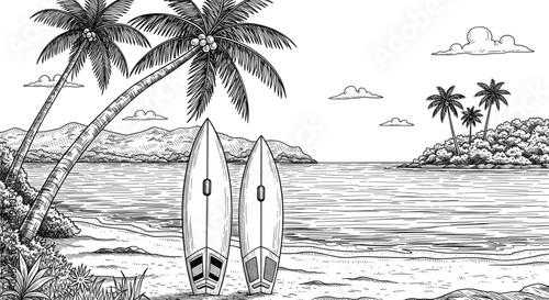 Tropical Beach Paradise with Surfboards for Summer Vacation, Travel, and Lifestyle Marketing