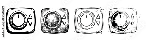 Set of four black and white thermostat illustrations showing different hand-drawn techniques like bold ink, detailed hatching, a quick sketch, and a grunge print style