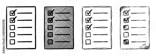 Set of four hand-drawn checklists with tick marks in various doodle and sketch styles, representing tasks, planning, and organization concepts