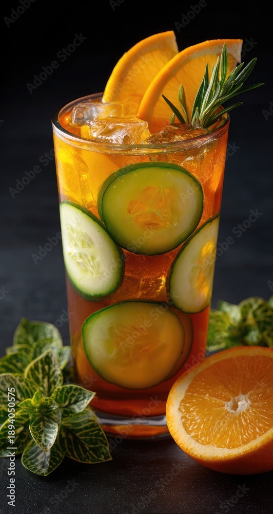 Fototapeta premium Refreshing iced drink with orange slices, cucumber, rosemary, and mint leaves, dark backdrop