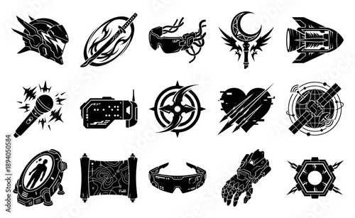 Futuristic Cyberpunk Tech Elements Asset Sheet for Sci-Fi Gaming and Digital Interface Design