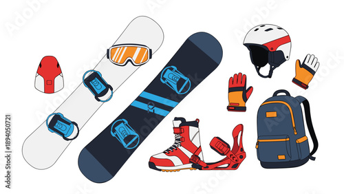 Winter sports equipment: snowboard, helmet, boots, and accessories in flat style