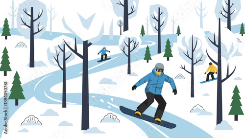 Winter adventure snowboarding and skiing in a serene snow-covered forest landscape