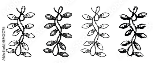 Set of four hand-drawn Christmas light garlands in various artistic styles, including line art, cross-hatching, sketchy doodle, and bold ink for festive holiday decoration