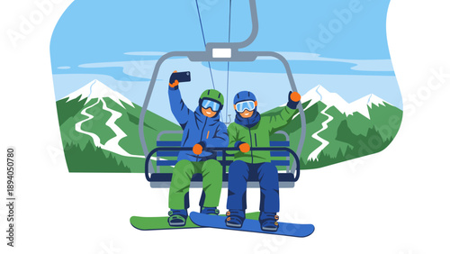 Friends enjoying ski lift ride in snowy mountain landscape