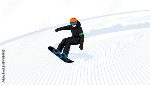 Snowboarder on a winter slope in minimalist style, capturing speed and thrill