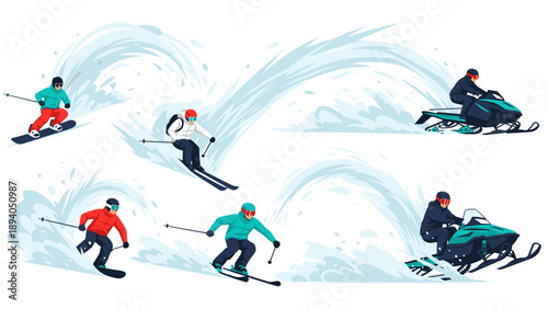 Winter sports adventure: skiing and snowmobiling action scene in flat design