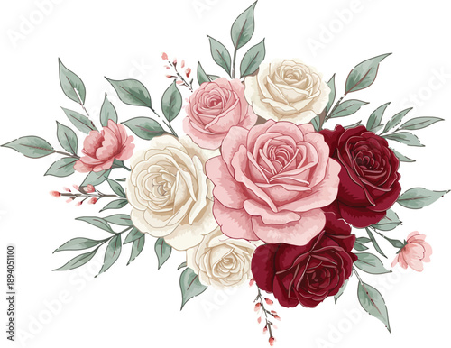 Beautiful bouquet of pink red and white roses with green leaves on white background