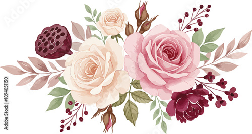 Beautiful bouquet of pink roses and flowers with green leaves on white background