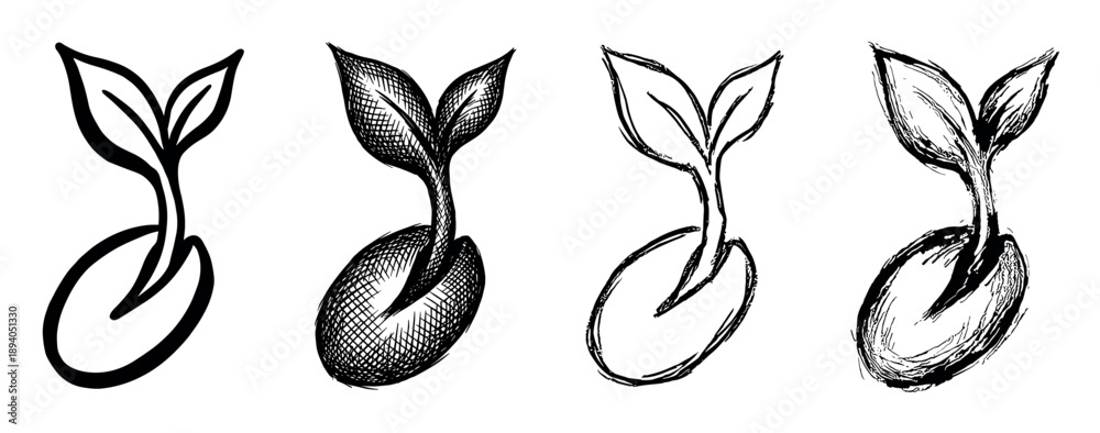 Fototapeta premium Set of four hand-drawn sprouting seed icons in various sketch styles, including clean line art and cross-hatching, symbolizing growth, new life, and nature's beginnings