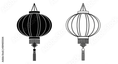 Traditional asian lanterns black white illustration Vector