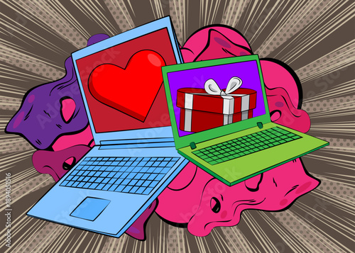 Cartoon Laptop, comic book Notebook with Heart and gift box. Retro vector comics pop art design.