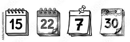 Four hand-drawn sketchy calendar icons showing different dates, illustrated in a black and white doodle style for planning, scheduling, and organizing important events