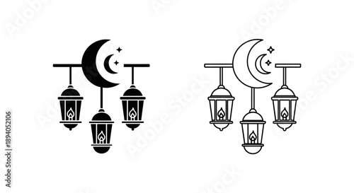Islamic lanterns moon star night sky decoration Vector