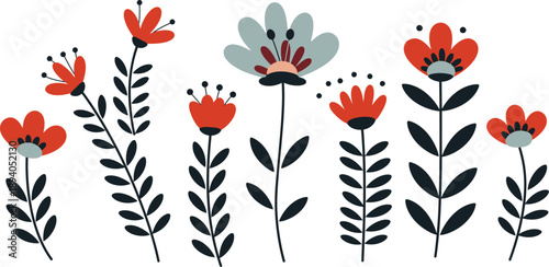 Colorful illustration of red and gray flowers with black leaves on white background