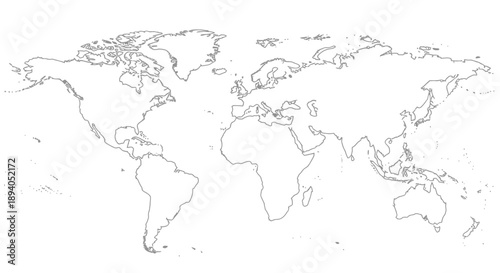 Simple black and white outline drawing of the entire world map continents and major landmasses