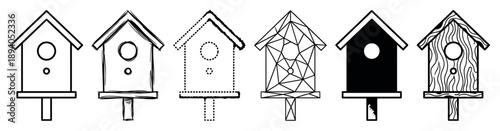 Collection of six black birdhouse illustrations in various artistic styles including line art, sketch, dotted, geometric, silhouette, and wood grain texture on a post