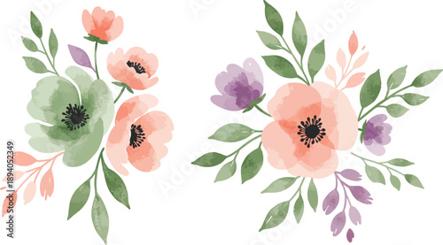Watercolor painting of pink and purple flowers with green leaves on white background