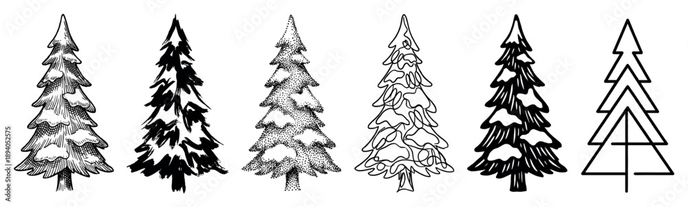 Obraz premium Set of six black fir tree illustrations in various artistic styles including engraving, stippling, line art, and graphic design for winter holiday themes
