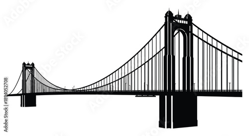 A striking black and white illustration depicts a majestic bridge with gothic architectural details presented as a silhouette high quality