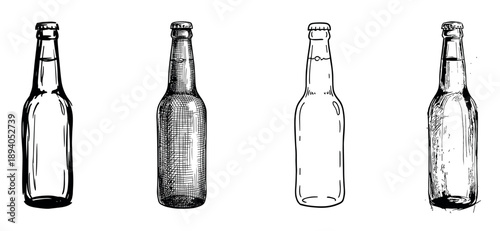 Four hand-drawn beer bottles in various sketch styles, showcasing a collection of black and white ink illustrations with detailed line work and cross-hatching for a vintage feel
