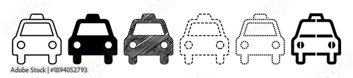 Set of black taxi car icons in various graphic styles including line art, silhouette, scribble, dashed, dotted, and stencil for transportation and travel concepts
