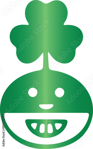 Green cartoon face with clover leaf on head smiling happily with white teeth