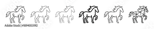 Set of six black horse icons shows various artistic styles including continuous line, dashed, dotted, bold, sketchy, and geometric polygonal design for graphic elements