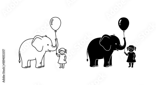 Two contrasting scenes depict an elephant and child with balloons