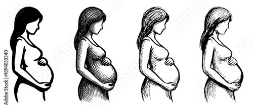 Collection of four hand-drawn sketches of a pregnant woman in profile, showcasing various ink drawing styles from a simple silhouette to cross-hatching